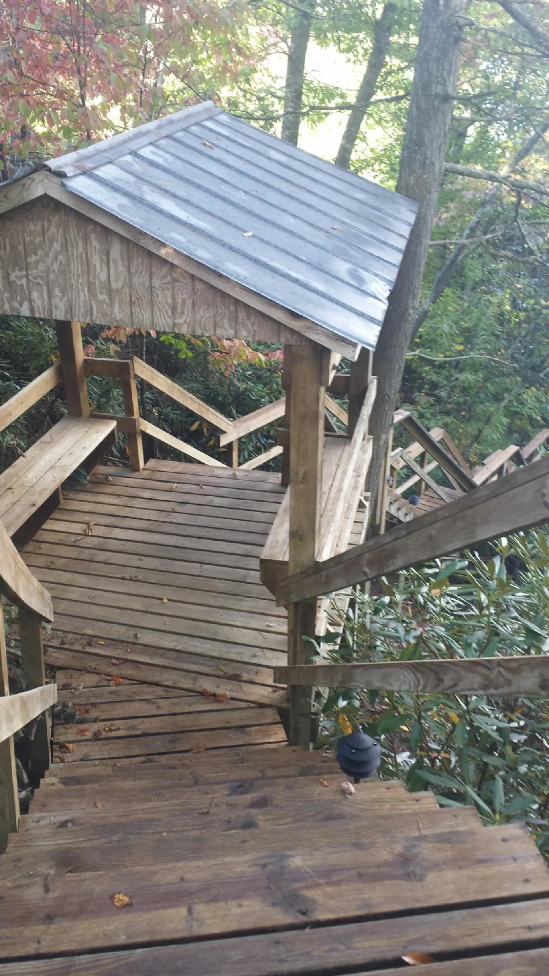 Metal roofed shelter over wooden steps on a wooded walkway — Skylight Repair & Installation work by our crew in Lawsonville